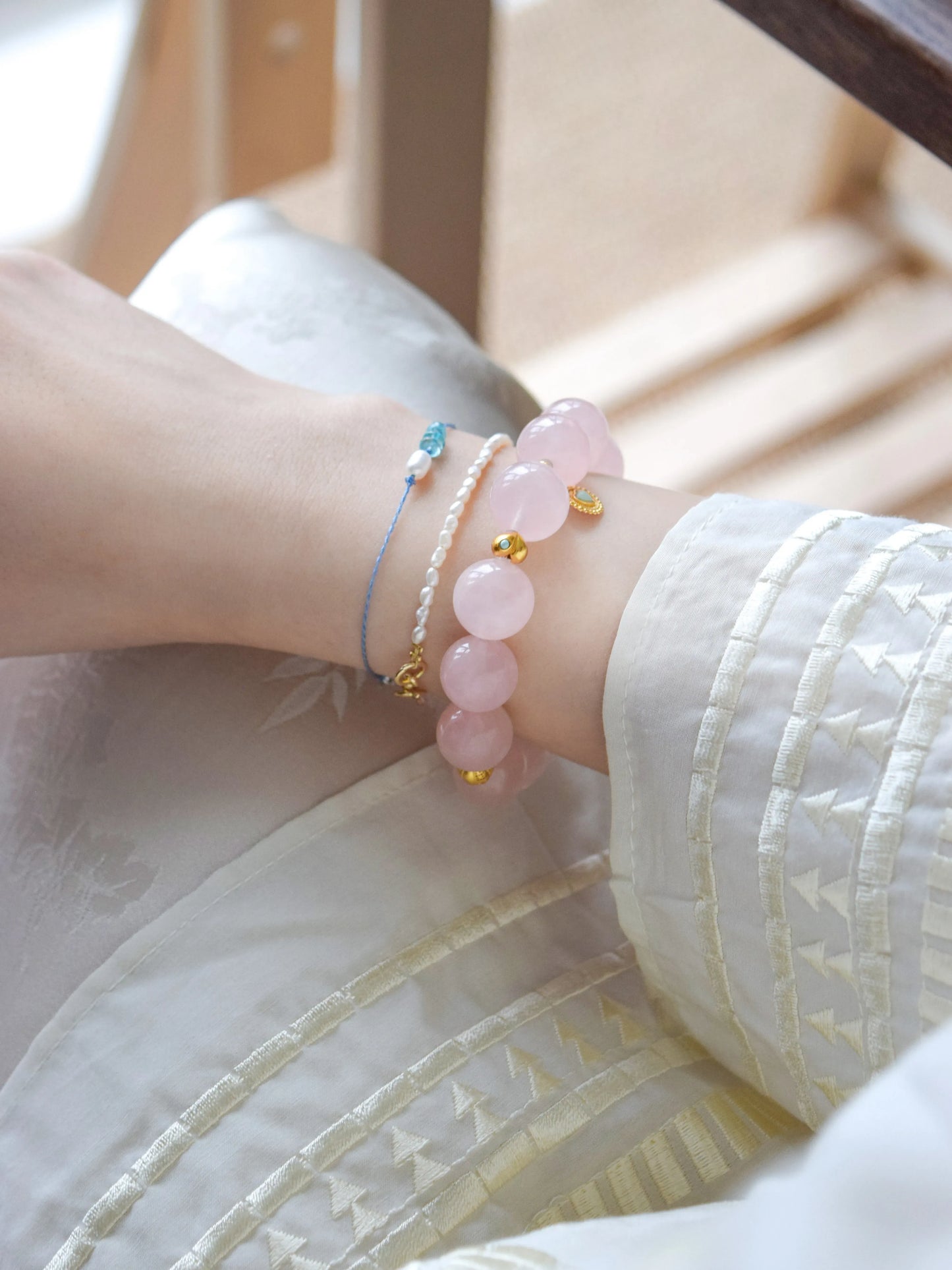 「粉黛」ローズクォーツ×シルバー ピンク桃花 天然石ブレスレット